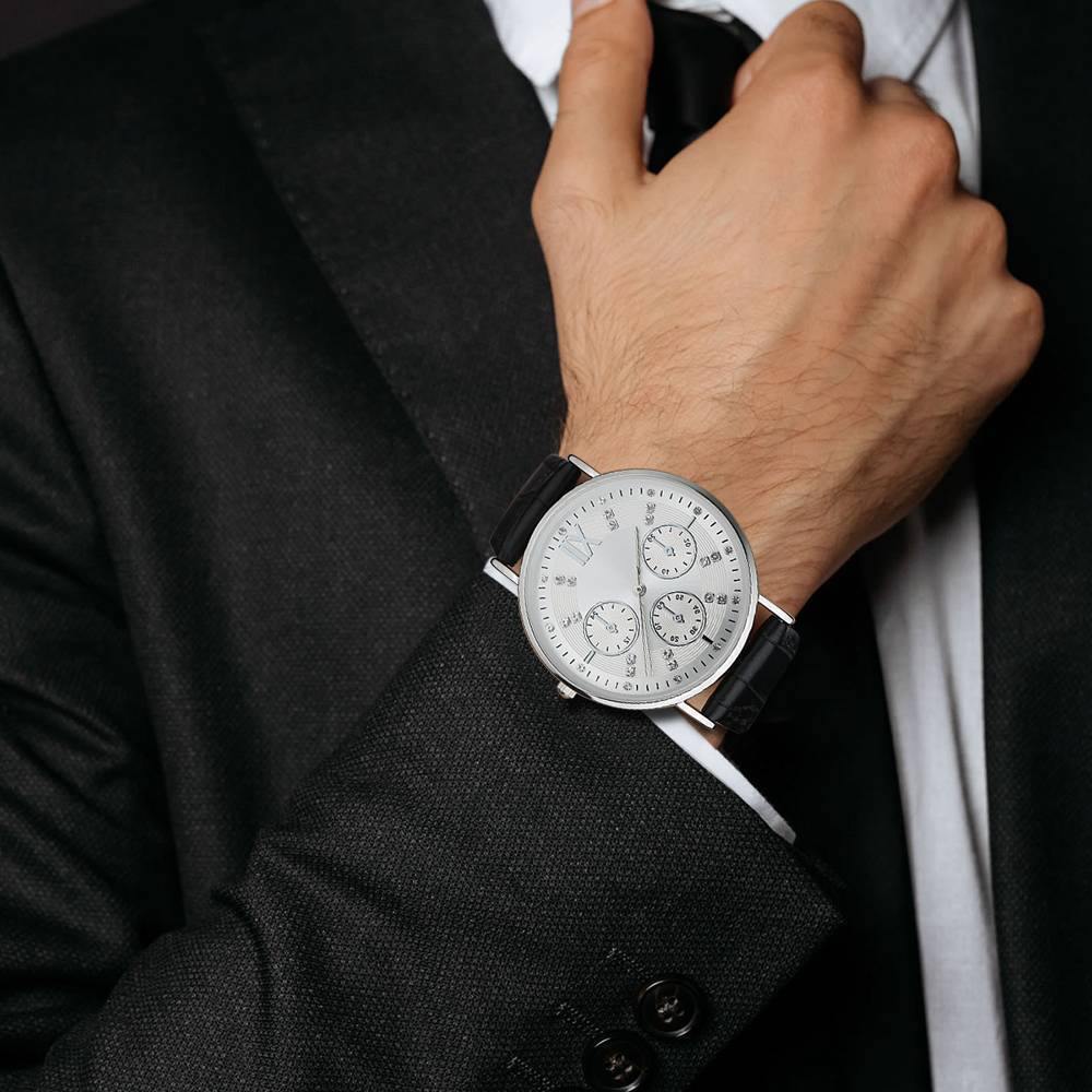 Automatic Watch White Dial Black Leather Strap - Men's