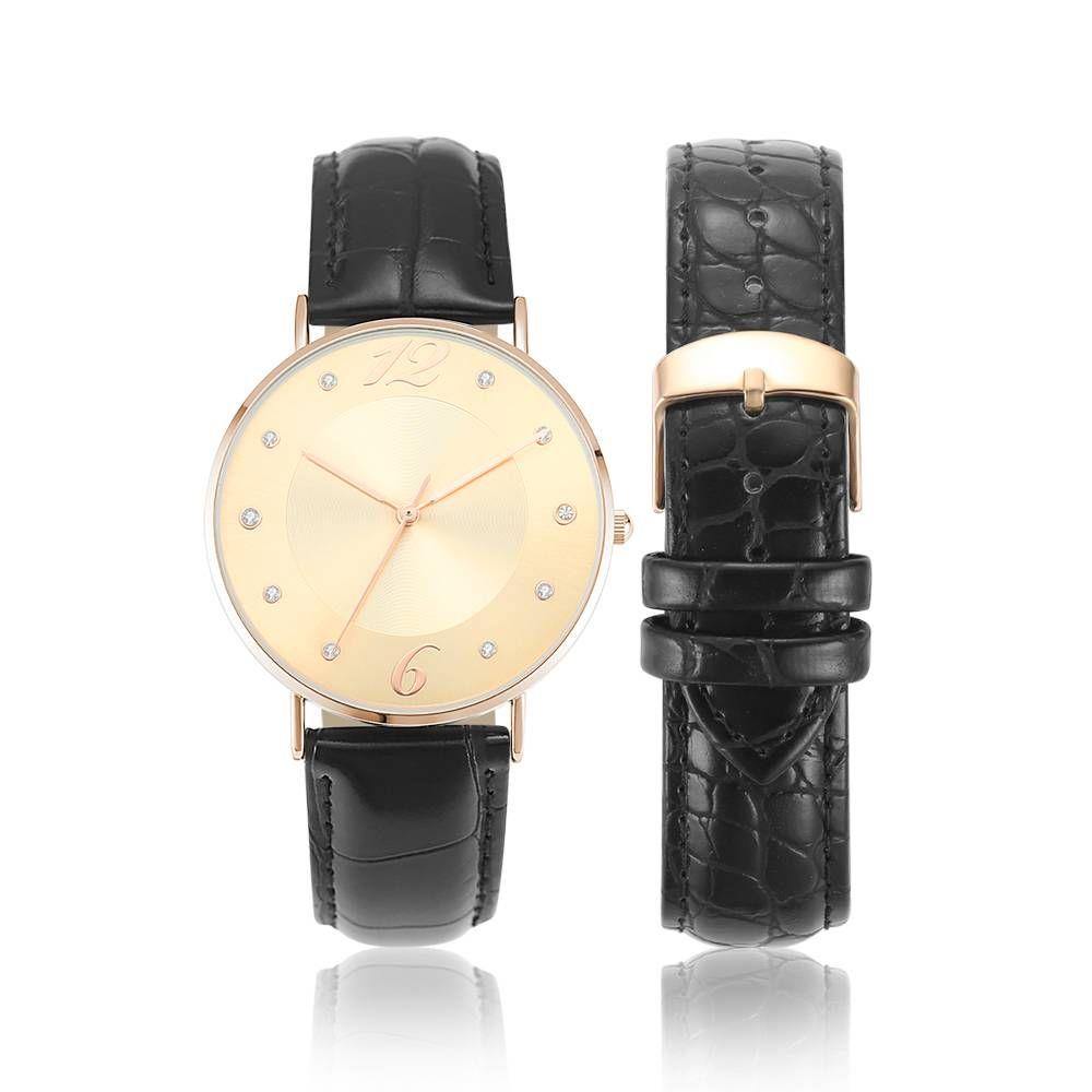 Golden Dial Watch Fashion Quartz Black Leather Strap - Men's