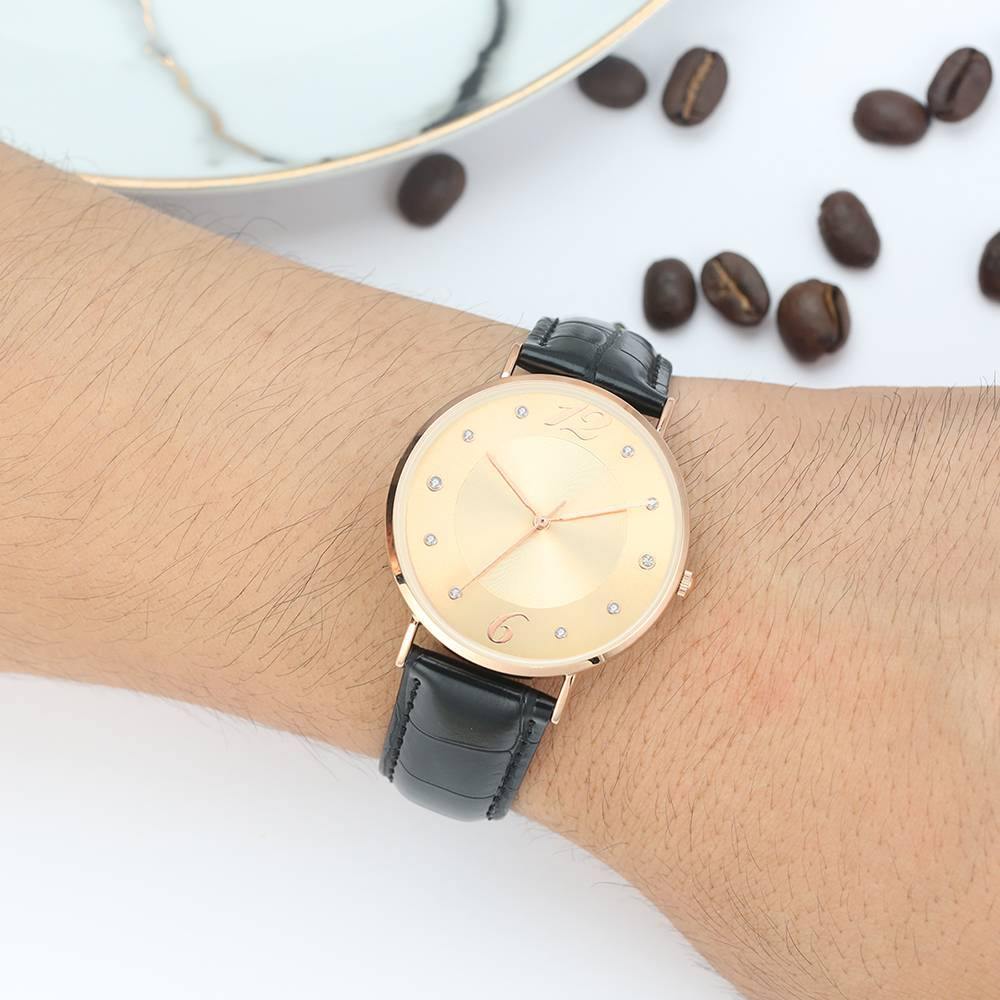 Golden Dial Watch Fashion Quartz Black Leather Strap - Men's