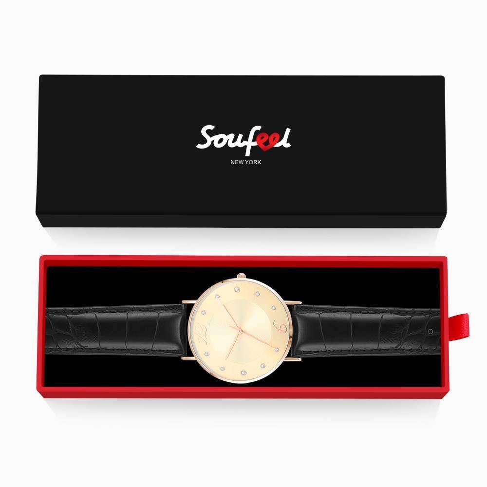 Golden Dial Watch Fashion Quartz Black Leather Strap - Men's