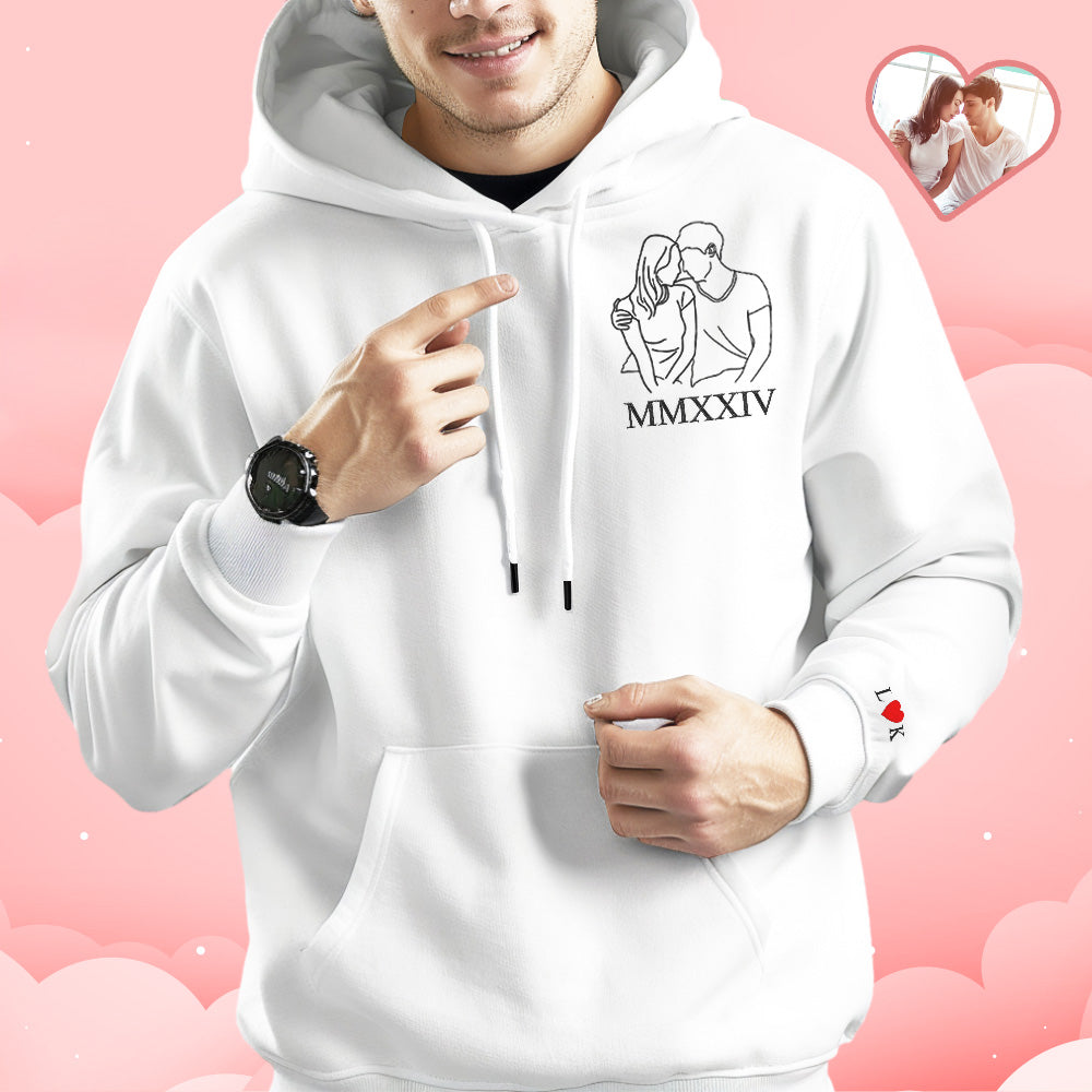 Custom Embroidered Photo Outline Hoodie With Roman Numerals Sweatshirt Gifts For Couples