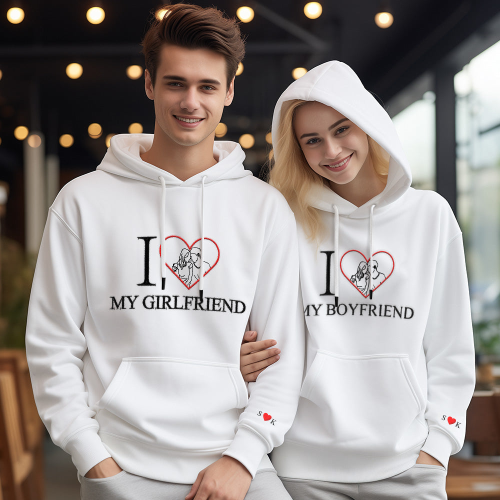 Personalized Embroidered Photo Outline Hoodie Red Heart Custom Picture Portrait Sweatshirt Valentine Gift