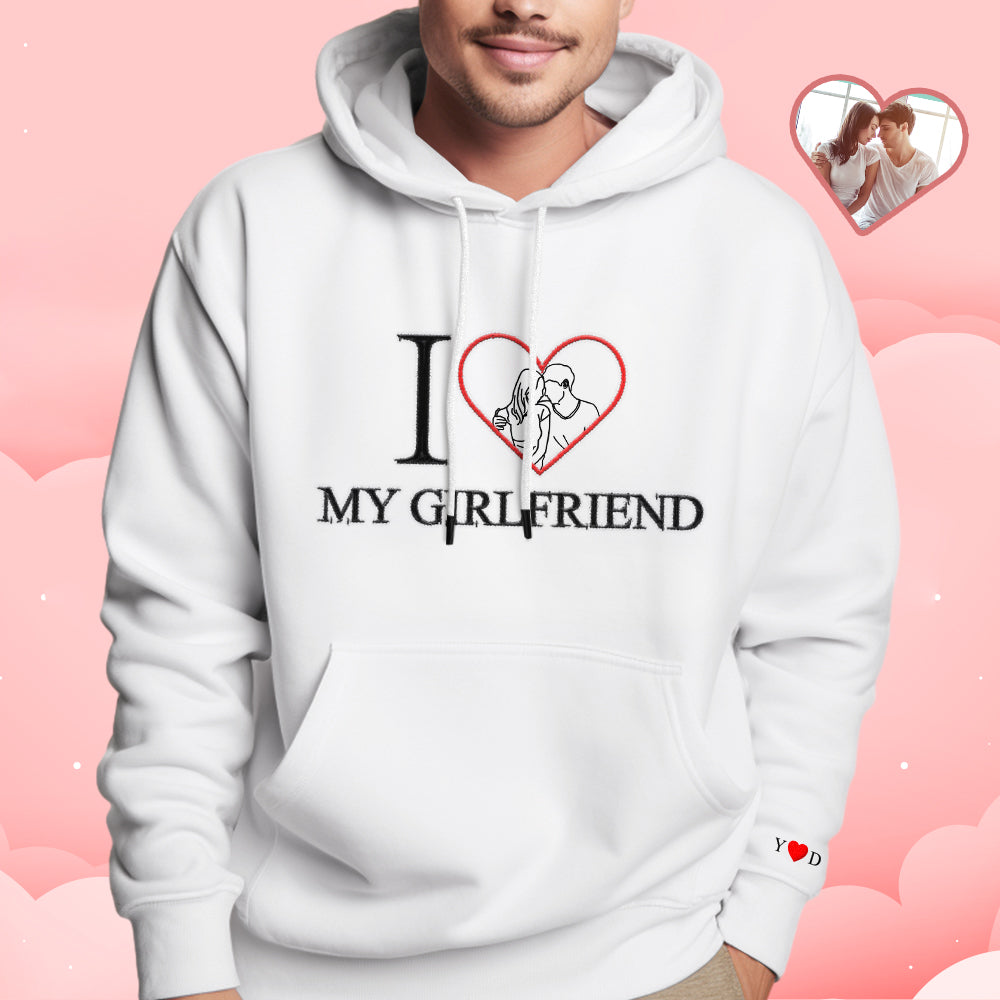 Personalized Embroidered Photo Outline Hoodie Red Heart Custom Picture Portrait Sweatshirt Valentine Gift