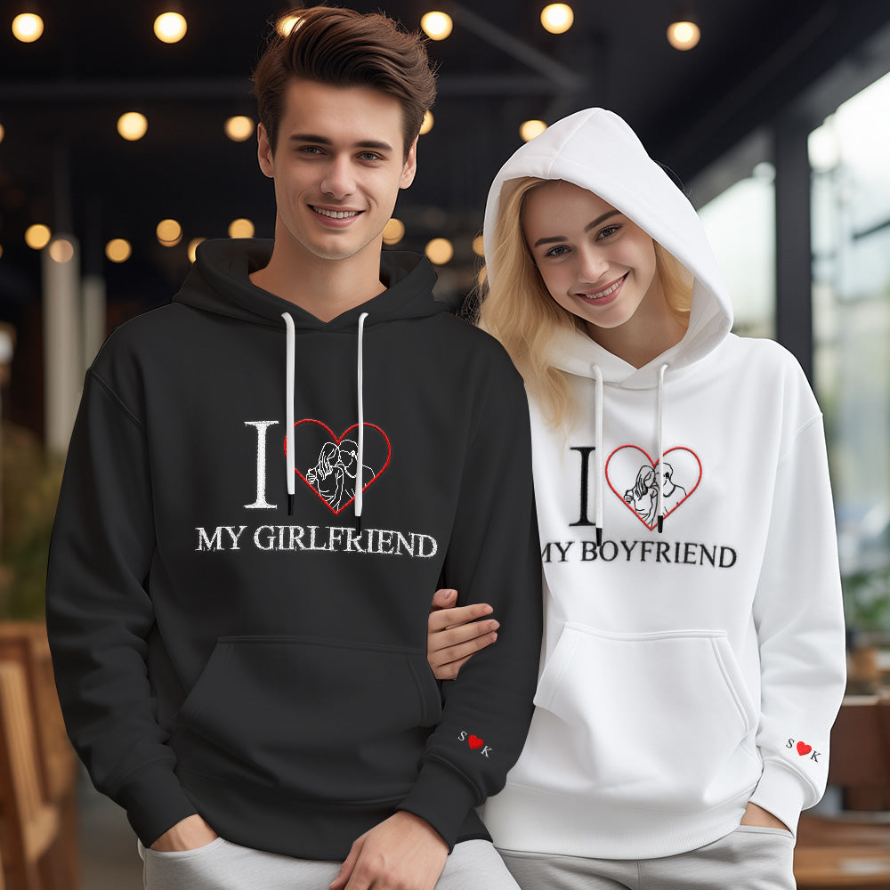 Personalized Embroidered Photo Outline Hoodie Red Heart Custom Picture Portrait Sweatshirt Valentine Gift