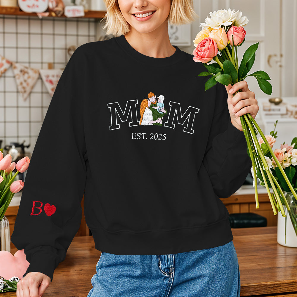 Custom Embroidered Hoodie Mama Sweatshirt with Photo Mama and Kids Portrait Varsity Shirt Mother's Day Gifts