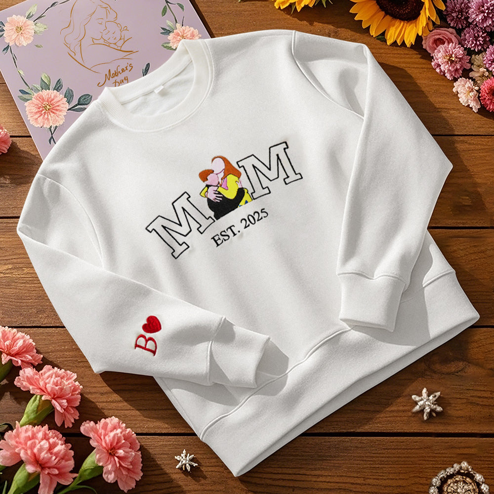 Custom Embroidered Hoodie Mama Sweatshirt with Photo Mama and Kids Portrait Varsity Shirt Mother's Day Gifts