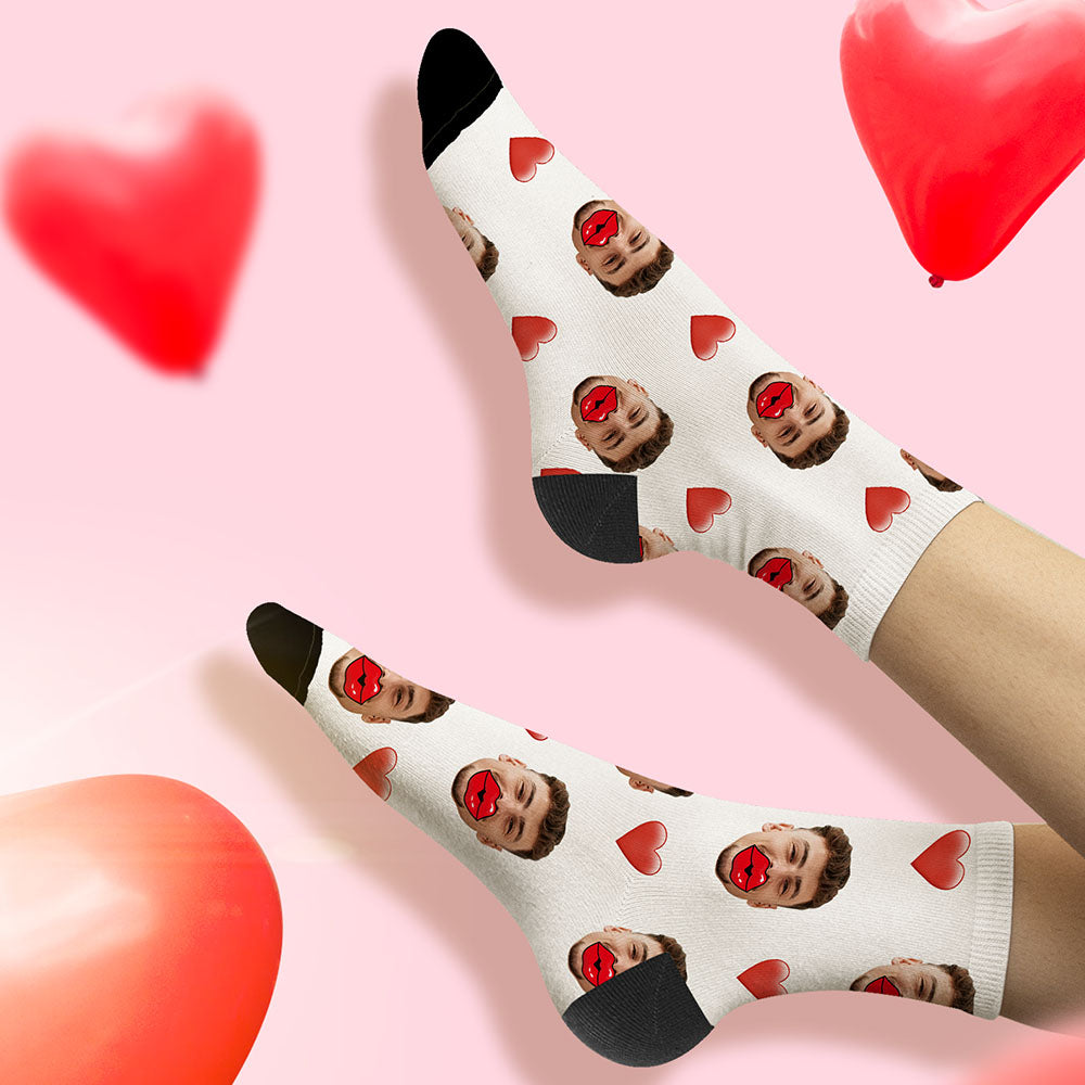 Custom Face Socks Heart and Red Lips Socks Valentine's Day Gift