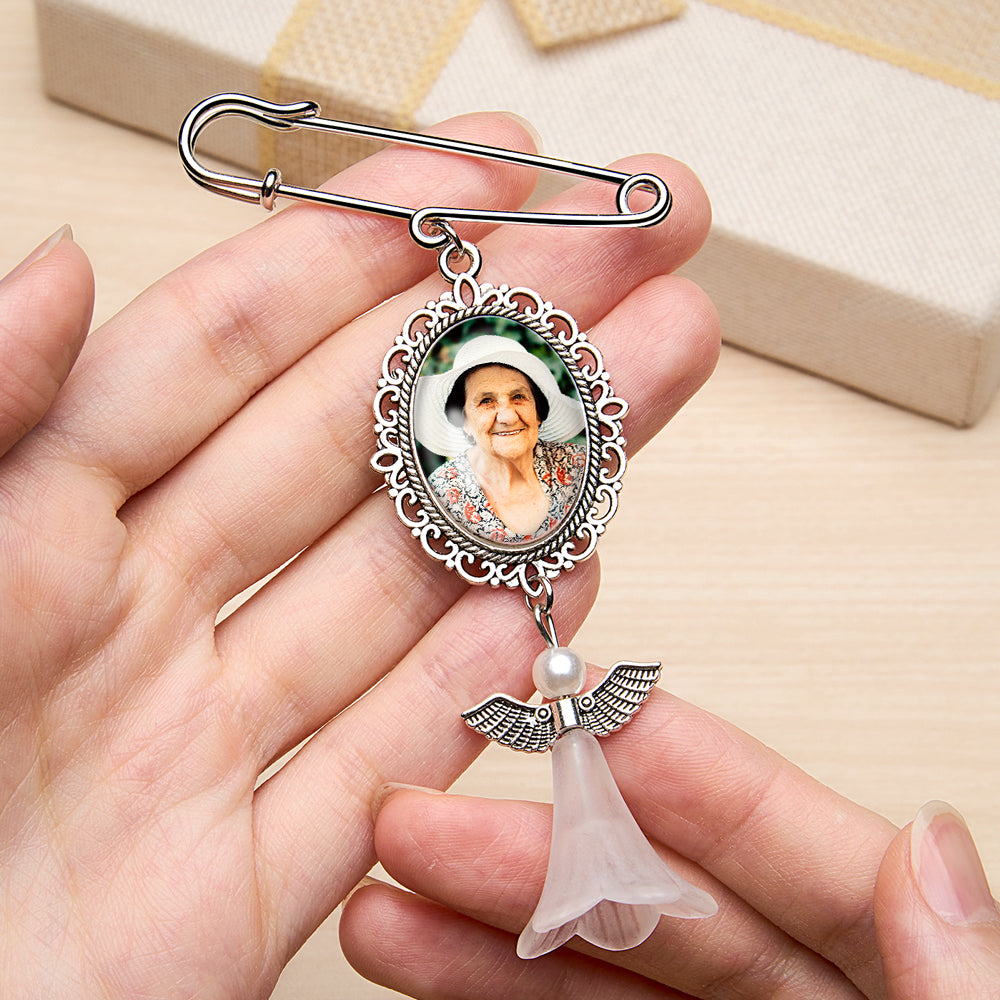 Personalized Angel Wings Pin Brooch Wedding Bouquet Photo Charm Wedding Memorial Gift for Bride