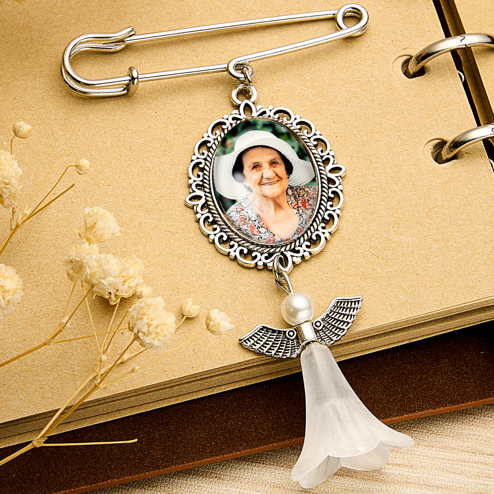 Personalized Angel Wings Pin Brooch Wedding Bouquet Photo Charm Wedding Memorial Gift for Bride