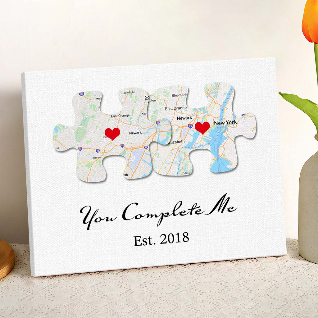 Custom Text and Map You Complete Me Canvas Print Personalized Wall Decor Gift for Couple