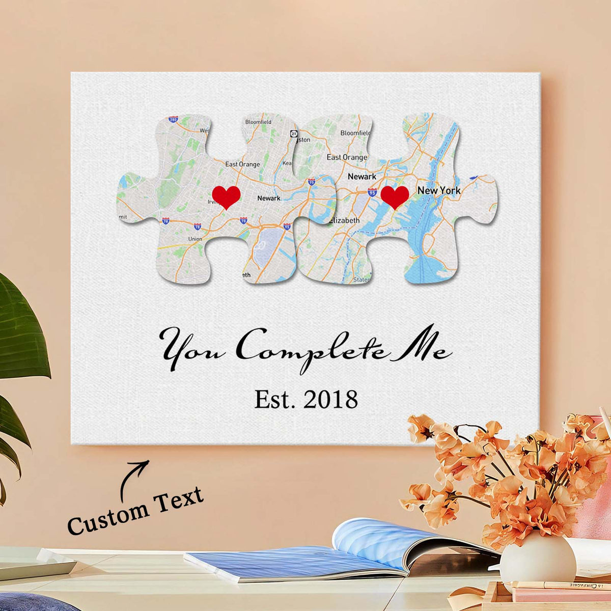 Custom Text and Map You Complete Me Canvas Print Personalized Wall Decor Gift for Couple