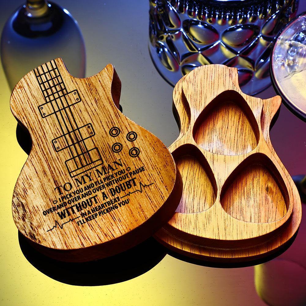 Guitar Wood Picks Box Guitar-shaped Picks Box Plectrum Container 3PCS Guitar Pick  Unique Gifts for Musician