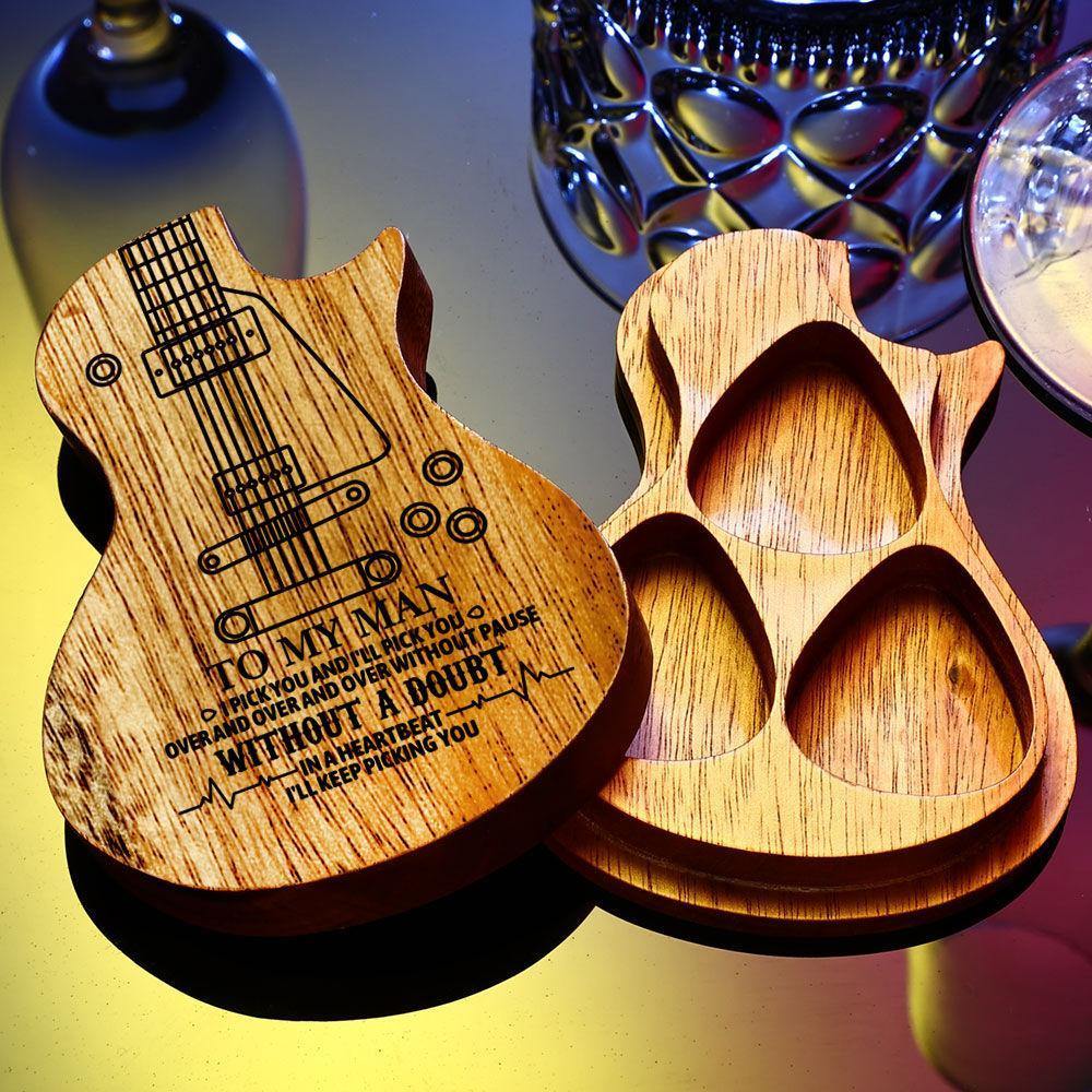 Guitar Wood Picks Box Guitar-shaped Picks Box Plectrum Container 3PCS Guitar Pick  Unique Gifts for Musician