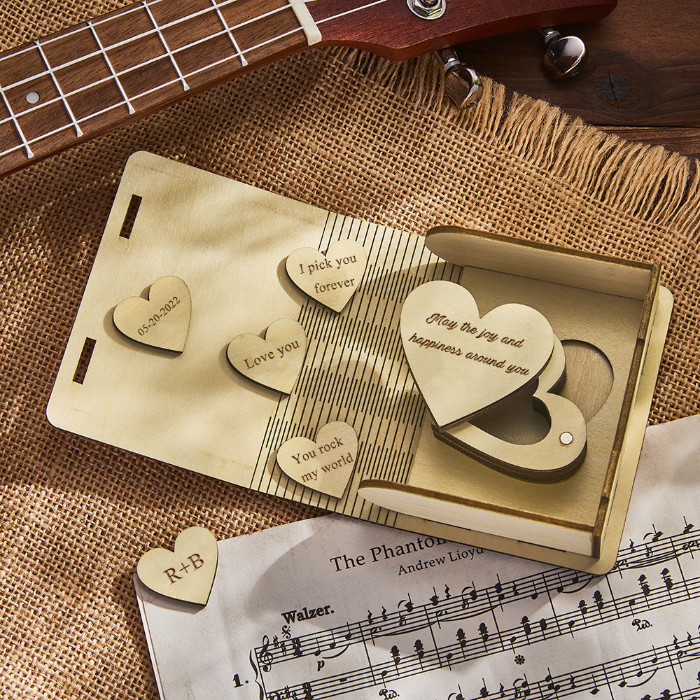 Custom Heart Guitar Picks with Heart Shaped Box Personalized Wooden Box  Valentine's Day Gifts