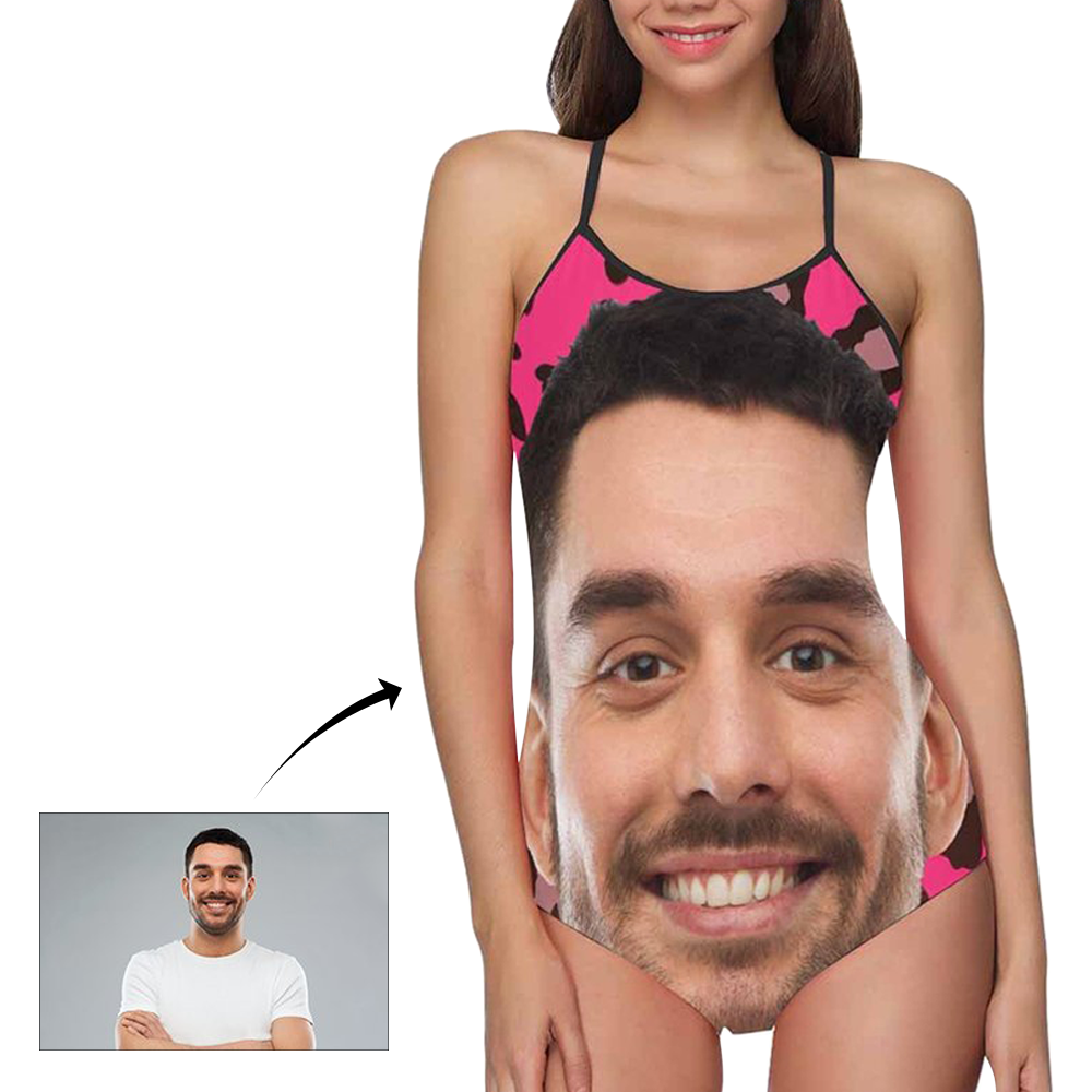 Custom Face Swimwear Women's Photo Slip One Piece Swimsuit - Pink Background