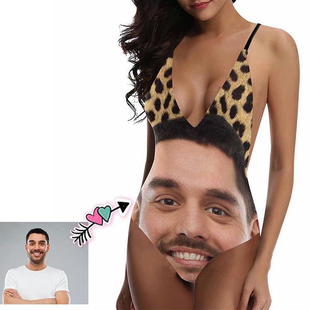 Custom Face Leopard Print Women S Lacing Backless One Piece Swimsuit