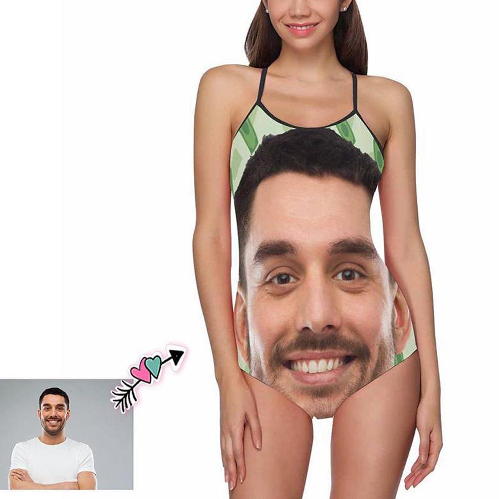 Custom Face Green Background Women S Slip One Piece Swimsuit