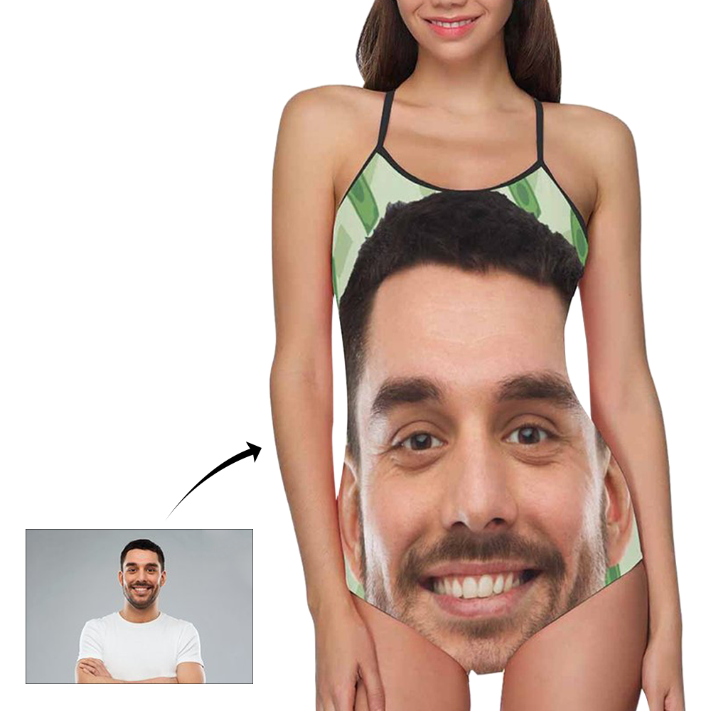 Custom Face Swimwear Women's Photo Slip One Piece Swimsuit - Green Background