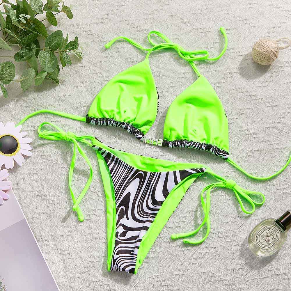 Custom Name Zebra Triangle Halter Bikini Sets Personalized Sexy DIY Crystal Letters Bikini