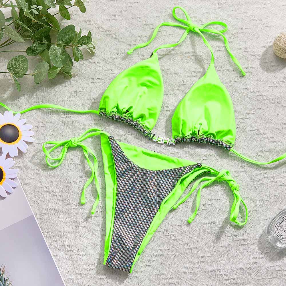 Custom Name Triangle Halter Bikini Sets Personalized Sexy DIY Crystal Letters Bling Bling Bikini