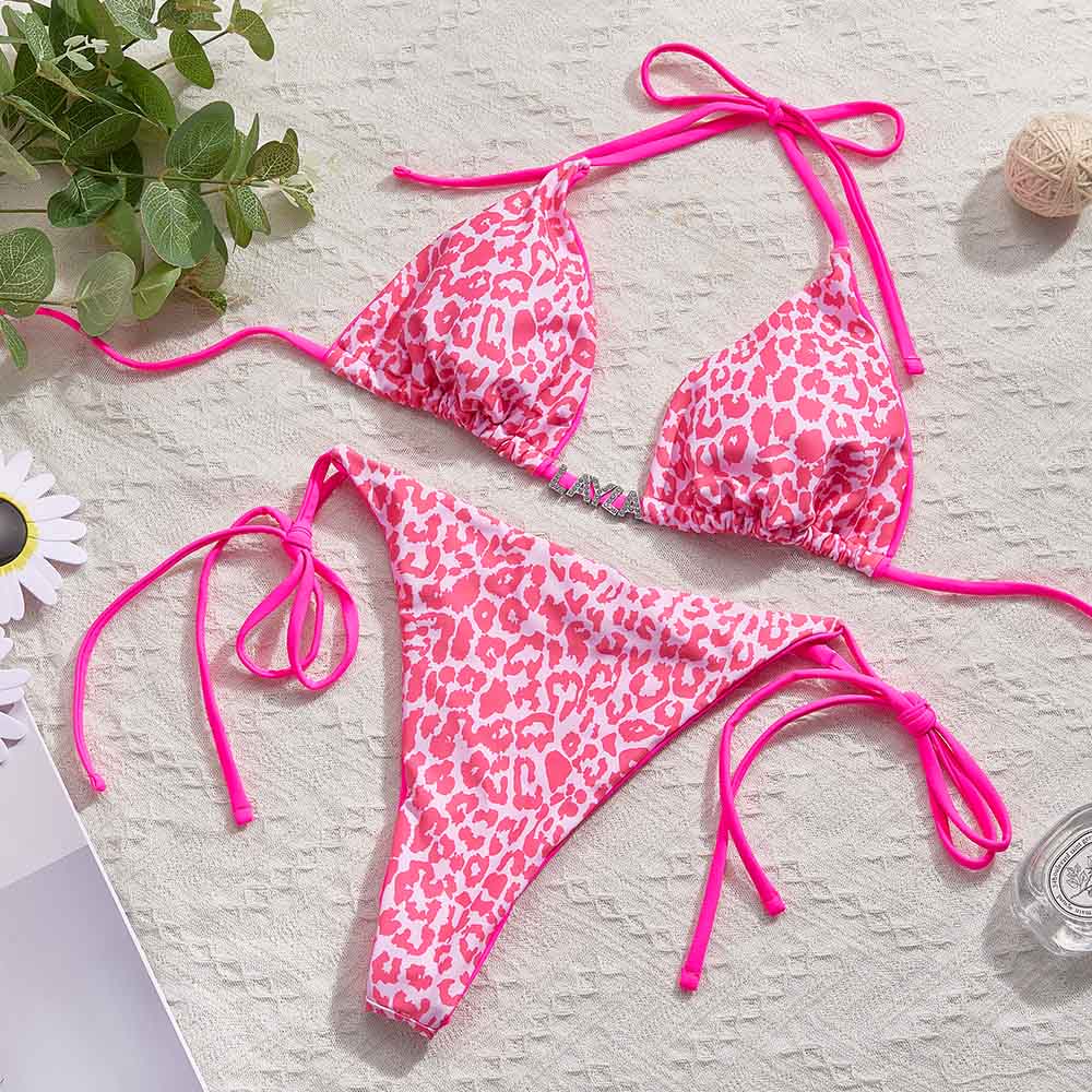Custom Name Leopard Triangle Halter Bikini Sets Personalized Sexy DIY Crystal Letters Bikini