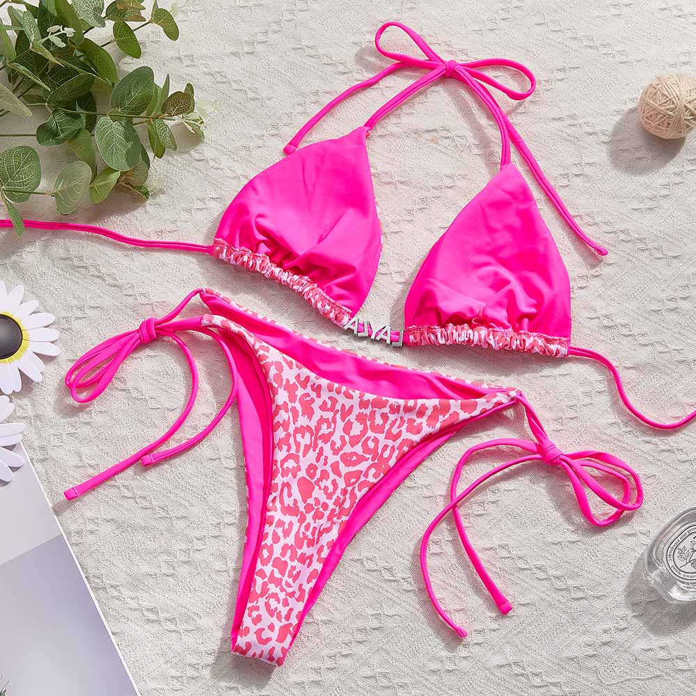 Custom Name Leopard Triangle Halter Bikini Sets Personalized Sexy DIY Crystal Letters Bikini