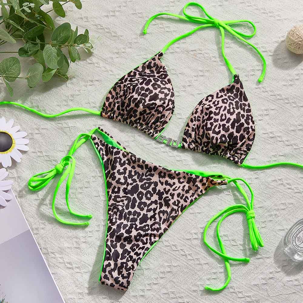 Custom Name Leopard Triangle Halter Bikini Sets Personalized Sexy DIY Crystal Letters Bikini