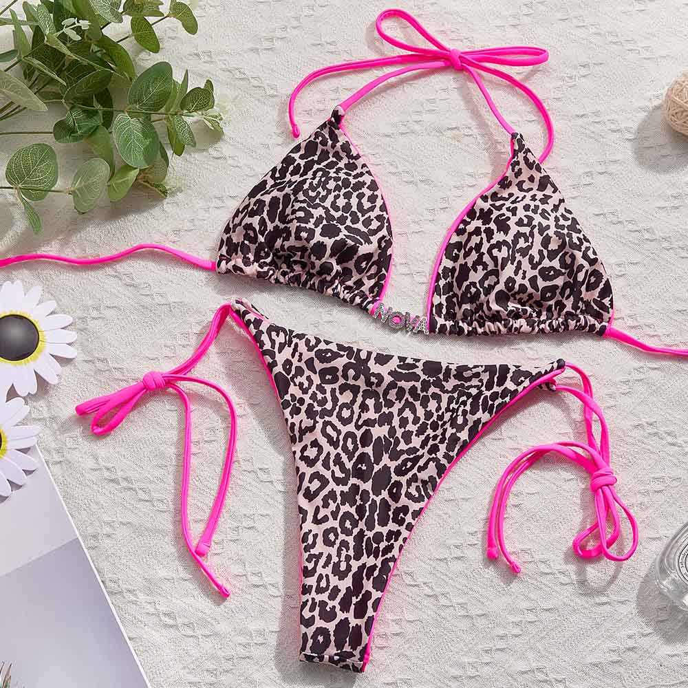 Custom Name Leopard Triangle Halter Bikini Sets Personalized Sexy DIY Crystal Letters Bikini