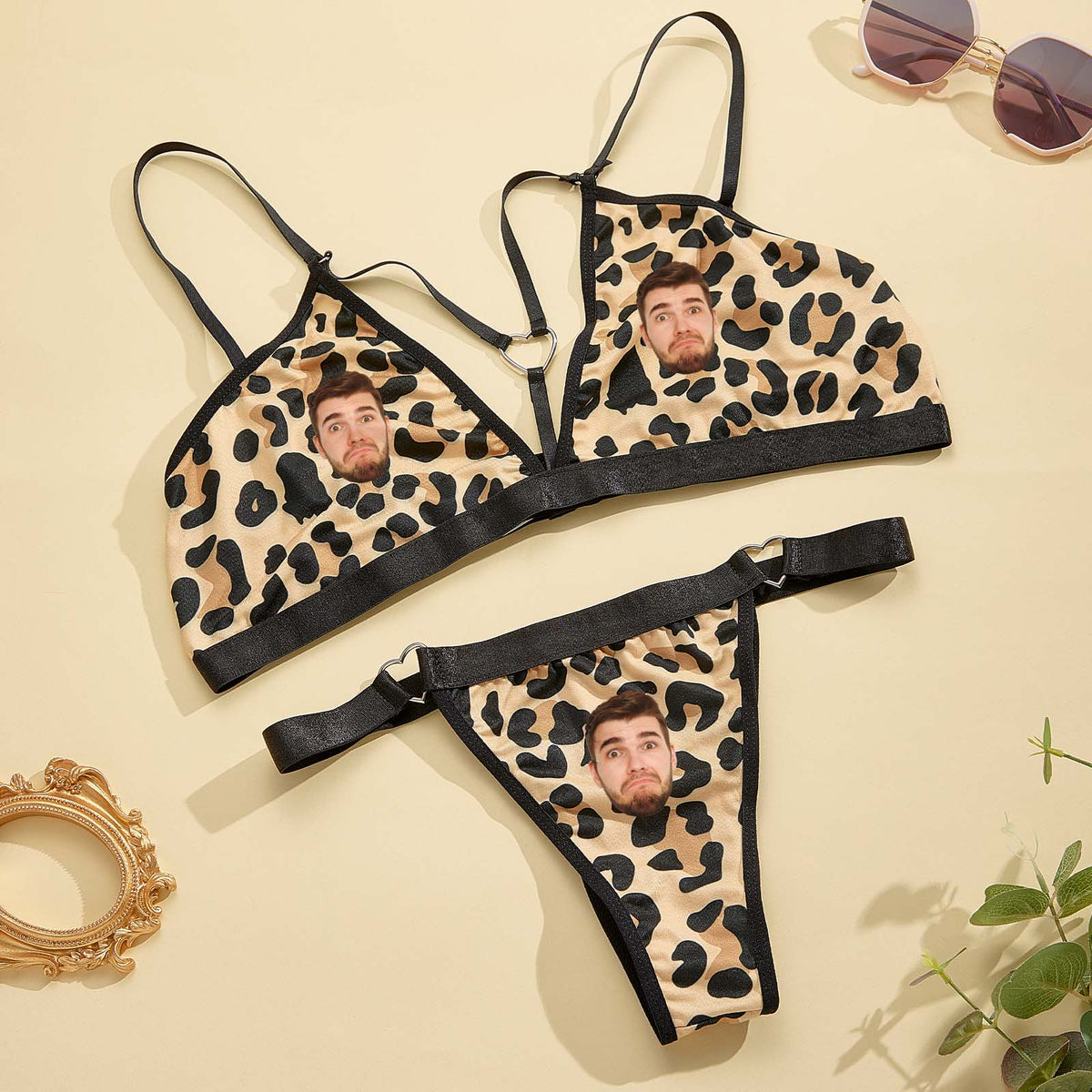 Custom Name and Face Leopard Bikini Sets DIY Personalized Crystal Letters Sexy Swimsuit Sets