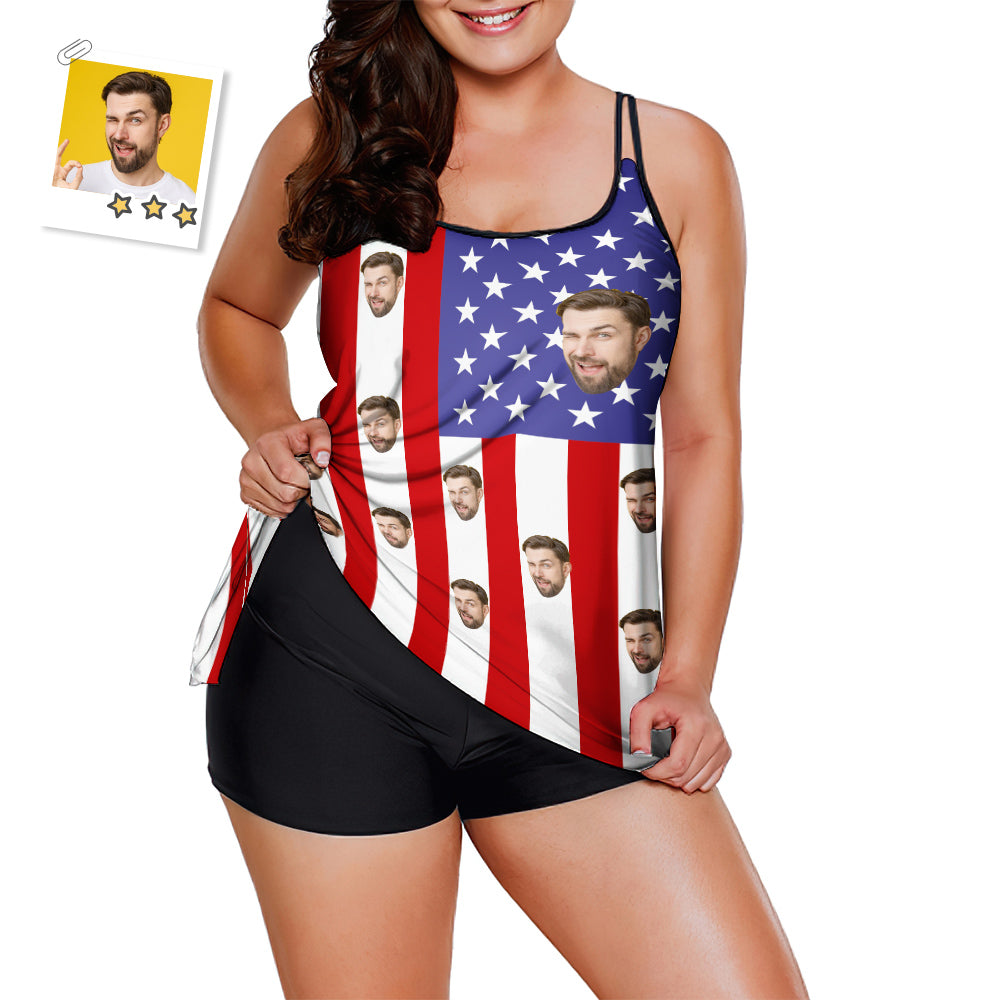 Custom Face Swimwear American Flag Tankini Bathing Suit for Women 2 Piece Swimsuit