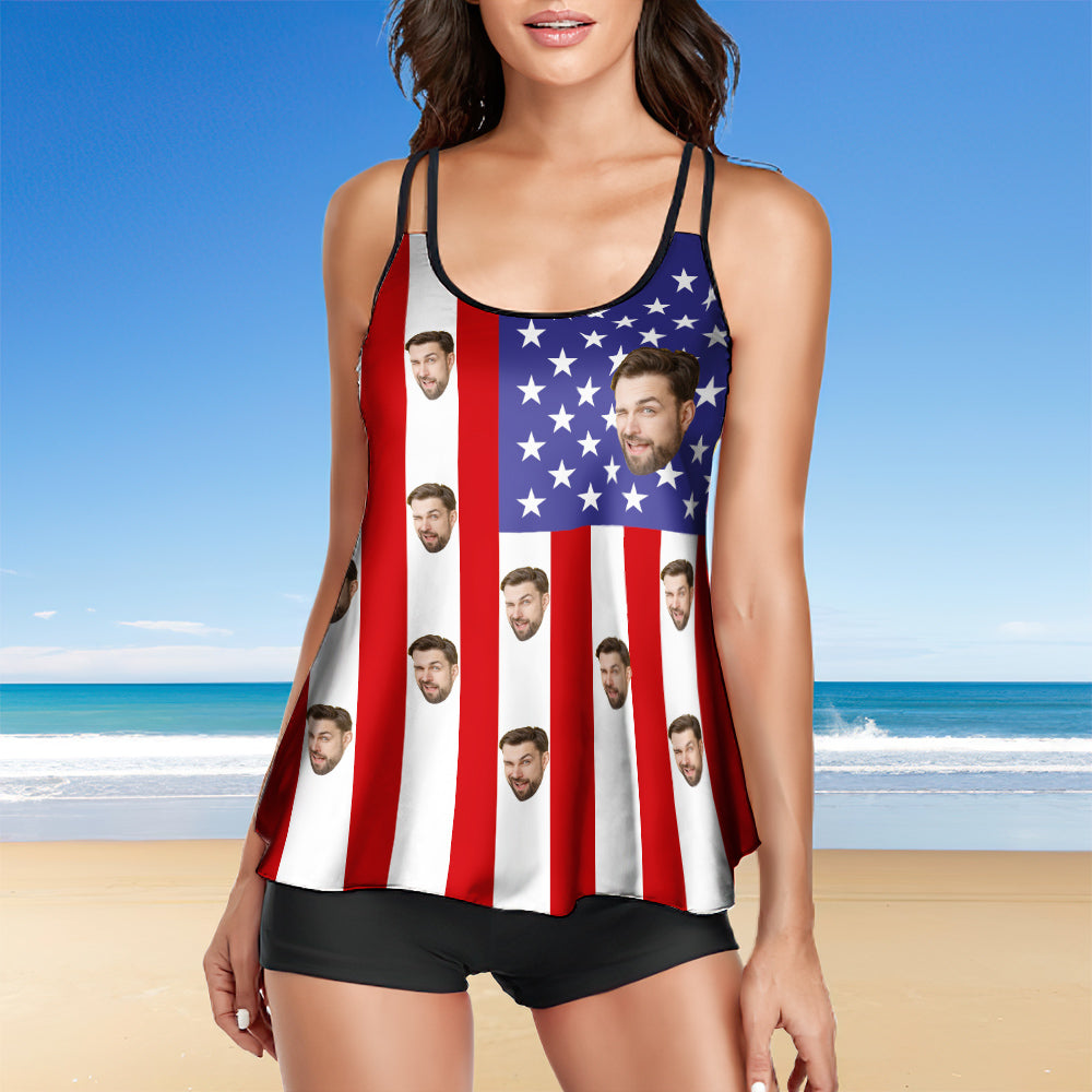 Custom Face Swimwear American Flag Tankini Bathing Suit for Women 2 Piece Swimsuit