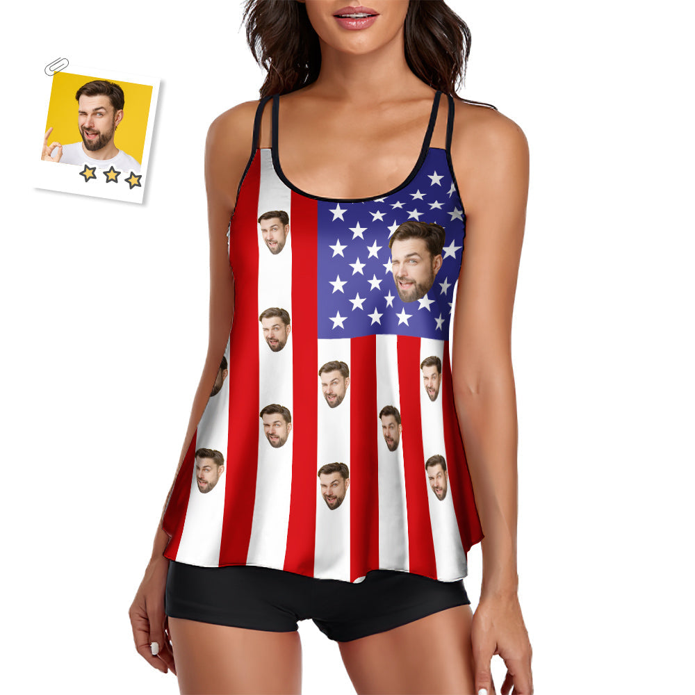 Custom Face Swimwear American Flag Tankini Bathing Suit for Women 2 Piece Swimsuit