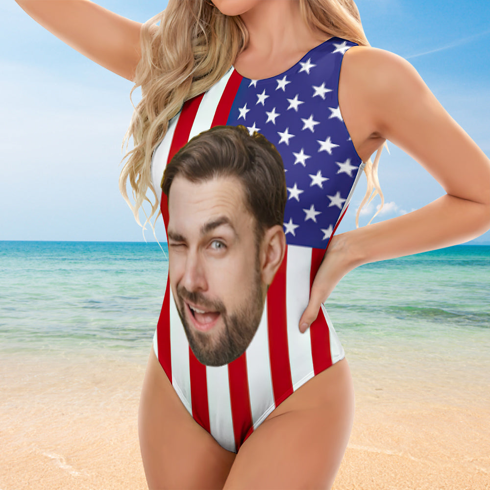 Custom Face USA Swimsuit Personalized Bathing Suit Vest Bodysuit Swimsuit for Women
