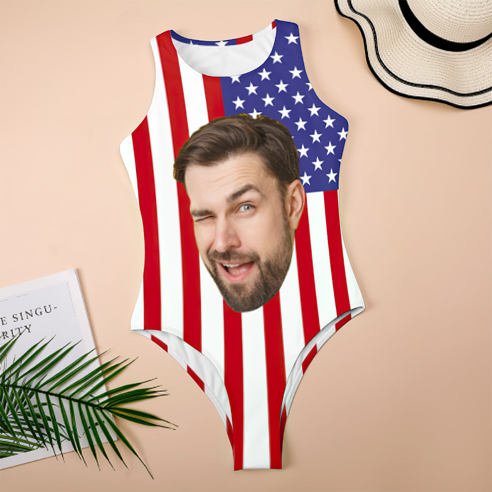 Custom Face USA Swimsuit Personalized Bathing Suit Vest Bodysuit Swimsuit for Women