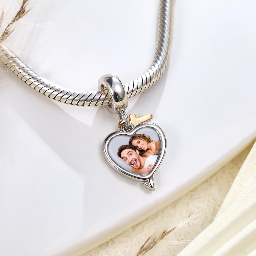 Custom Photo Charm Angel Wing Heart Cross Couple Gift