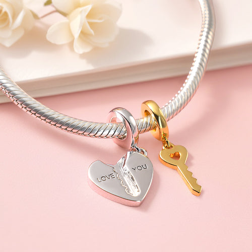 2pc Love You Heart Key Matching Couples Engraving Charm Bracelets or Necklaces