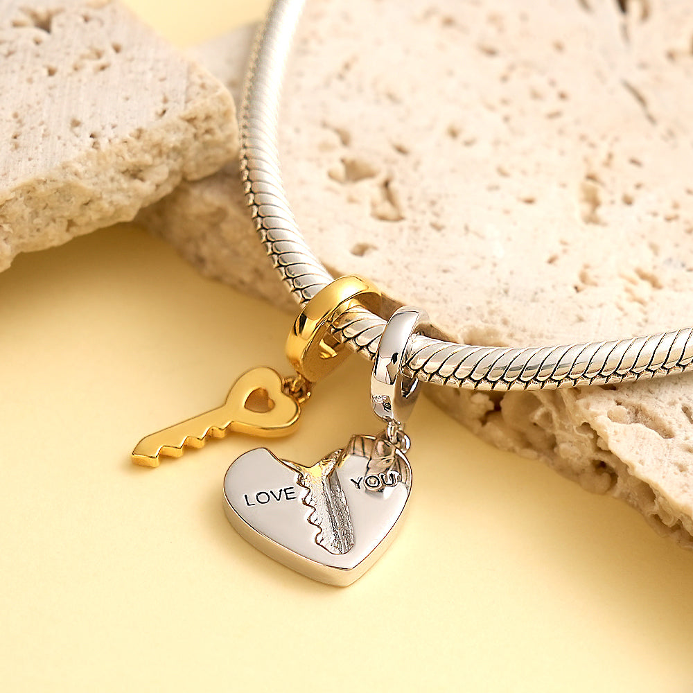 2pc Love You Heart Key Matching Couples Engraving Charm Bracelets or Necklaces