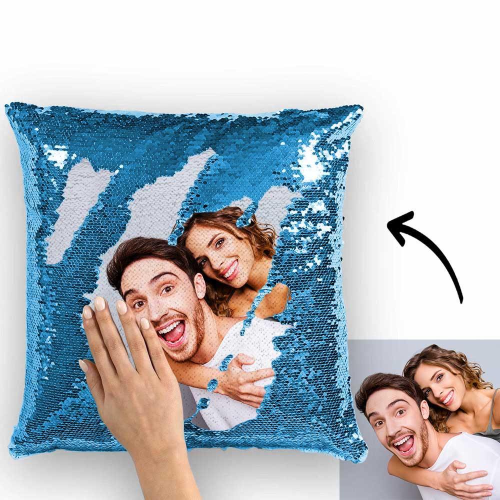 Custom Photo Magic Sequins Pillow Lake Blue Color Shiny 15.75" * 15.75" Unique Gifts