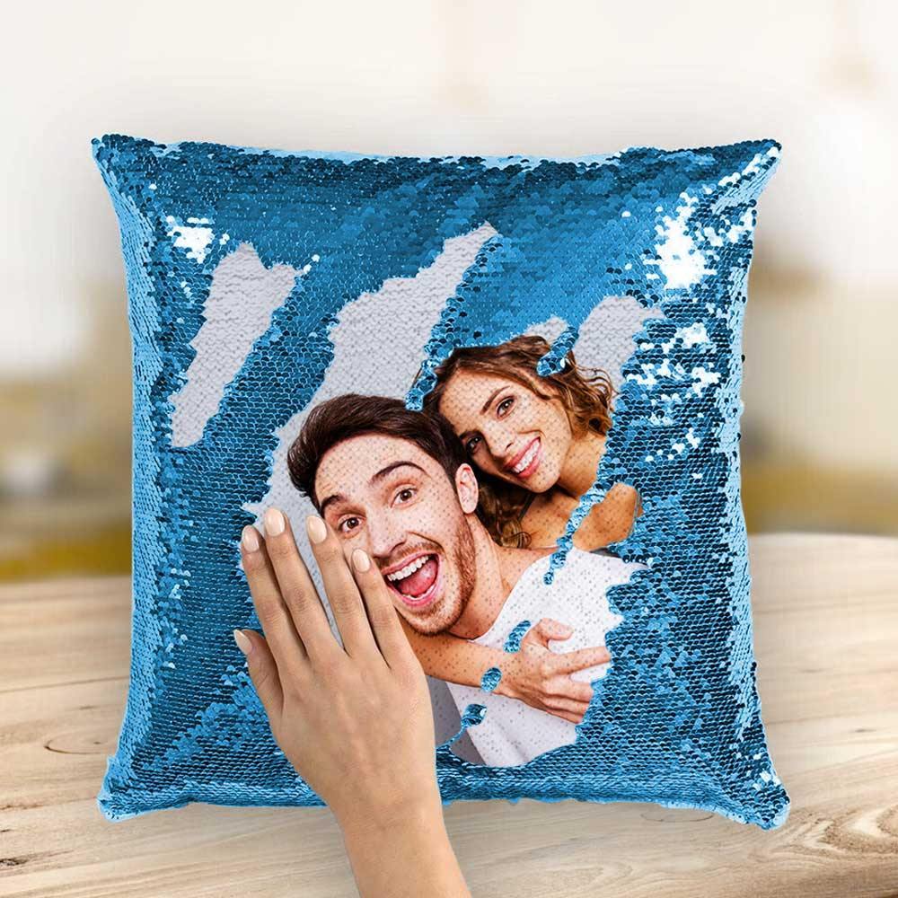 Custom Photo Magic Sequins Pillow Lake Blue Color Shiny 15.75" * 15.75" Unique Gifts