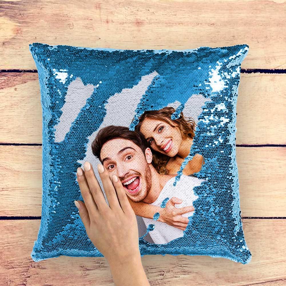 Custom Photo Magic Sequins Pillow Lake Blue Color Shiny 15.75" * 15.75" Unique Gifts