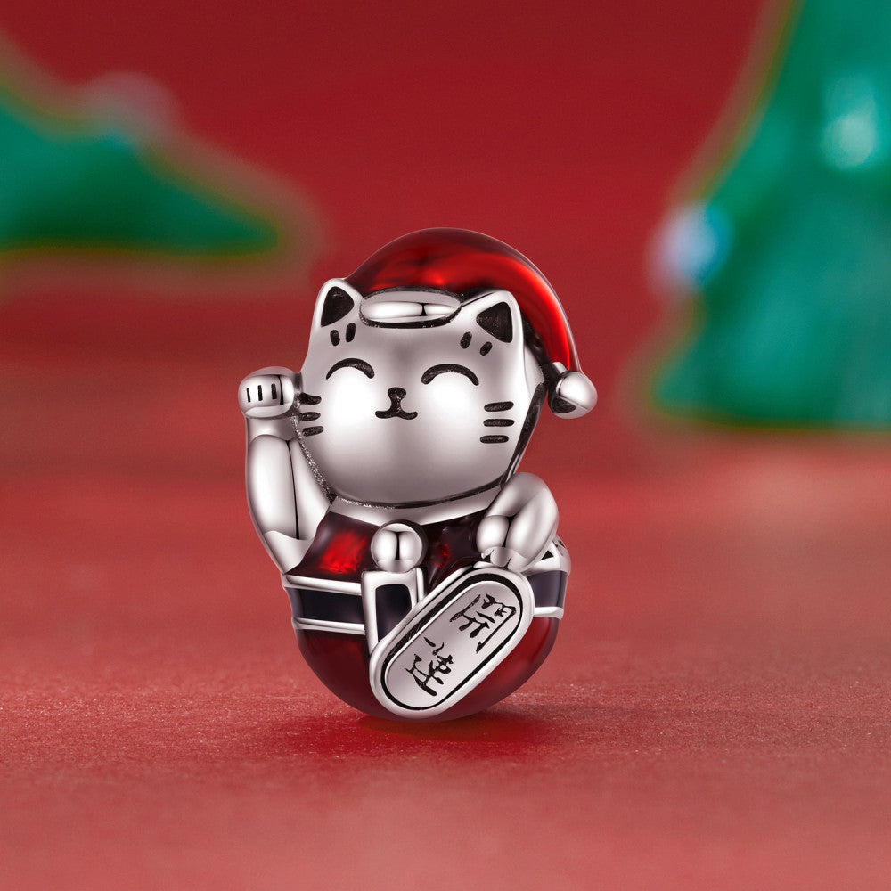 Christmas Lucky Cat Enamel Charm Silver Christmas Gifts