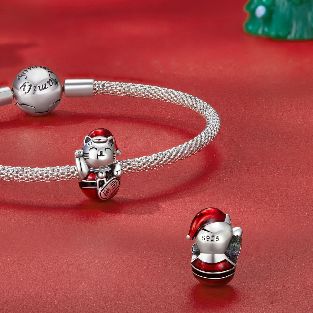 Christmas Lucky Cat Enamel Charm Silver Christmas Gifts