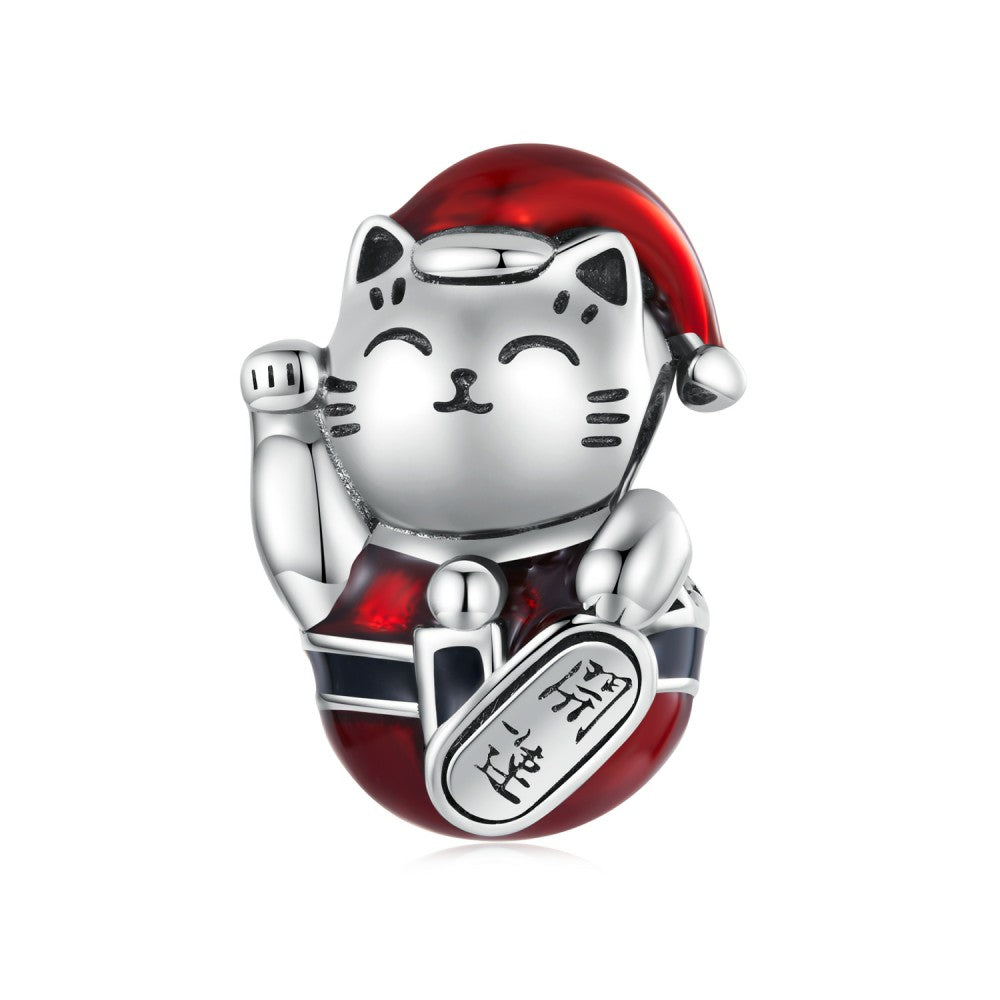 Christmas Lucky Cat Enamel Charm Silver Christmas Gifts