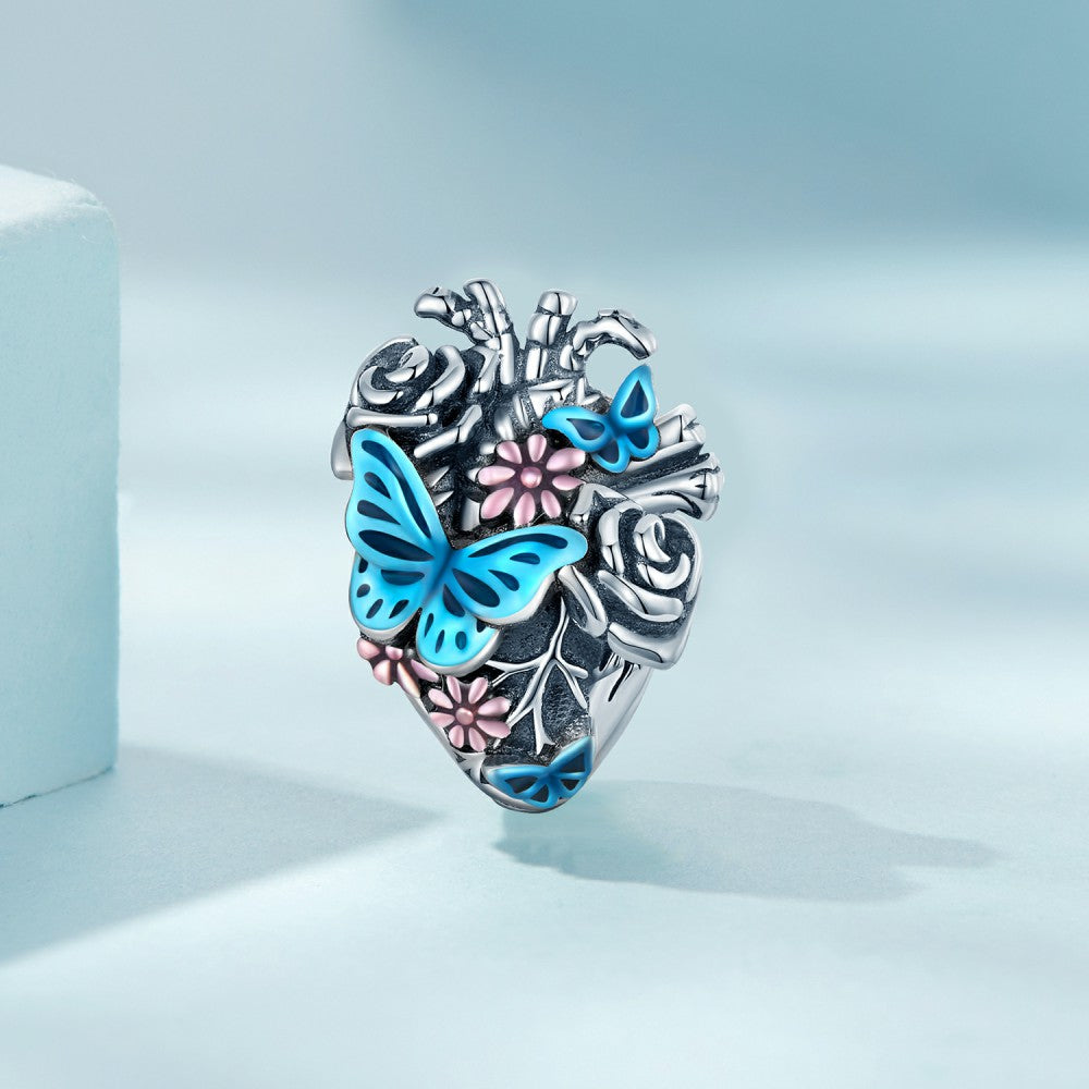 Heart Butterfly Enamel Charm Silver
