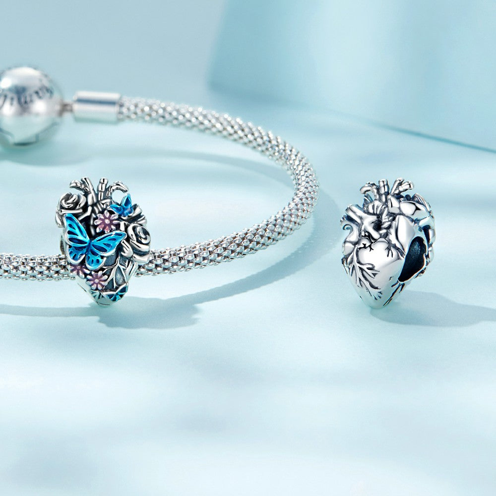 Heart Butterfly Enamel Charm Silver