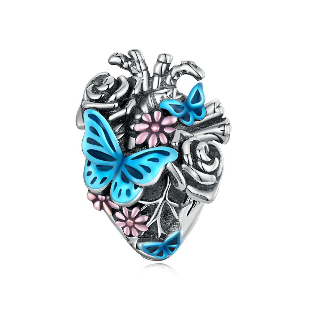 Heart Butterfly Enamel Charm Silver