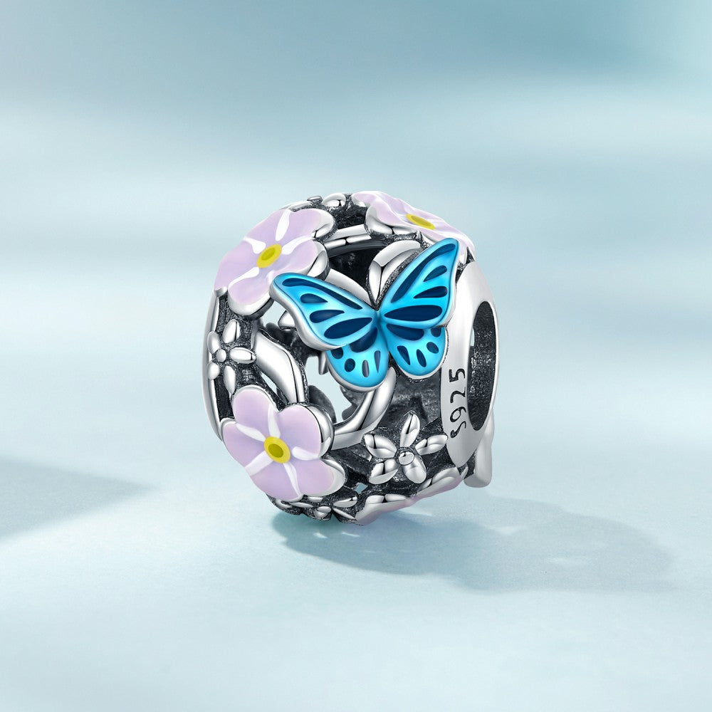 Flower Butterfly Enamel Charm Silver