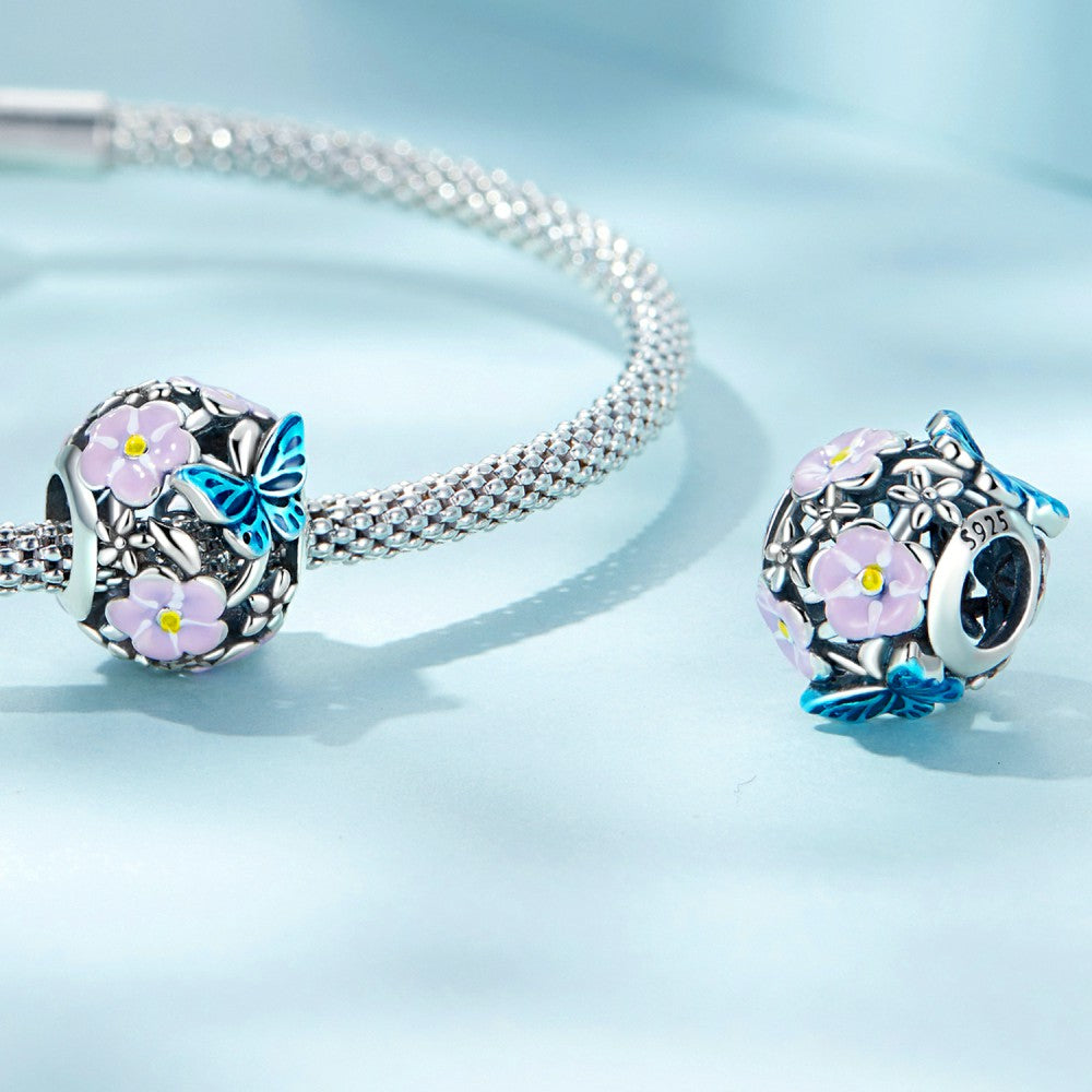 Flower Butterfly Enamel Charm Silver