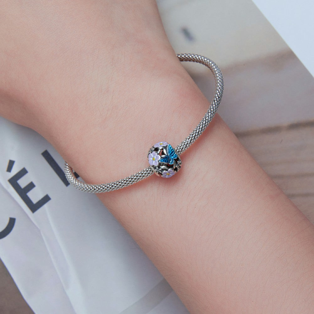 Flower Butterfly Enamel Charm Silver