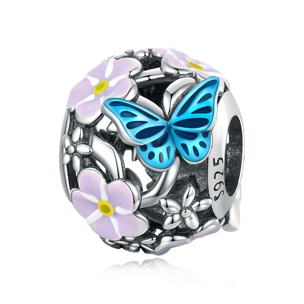 Flower Butterfly Enamel Charm Silver